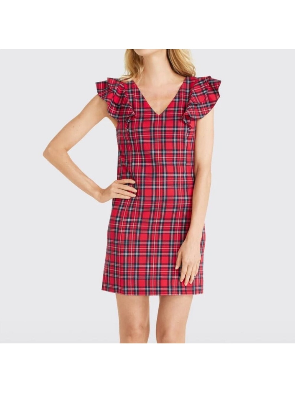 Draper James Red Plaid V-Neck Ruffle Sleeve Mini Dress
